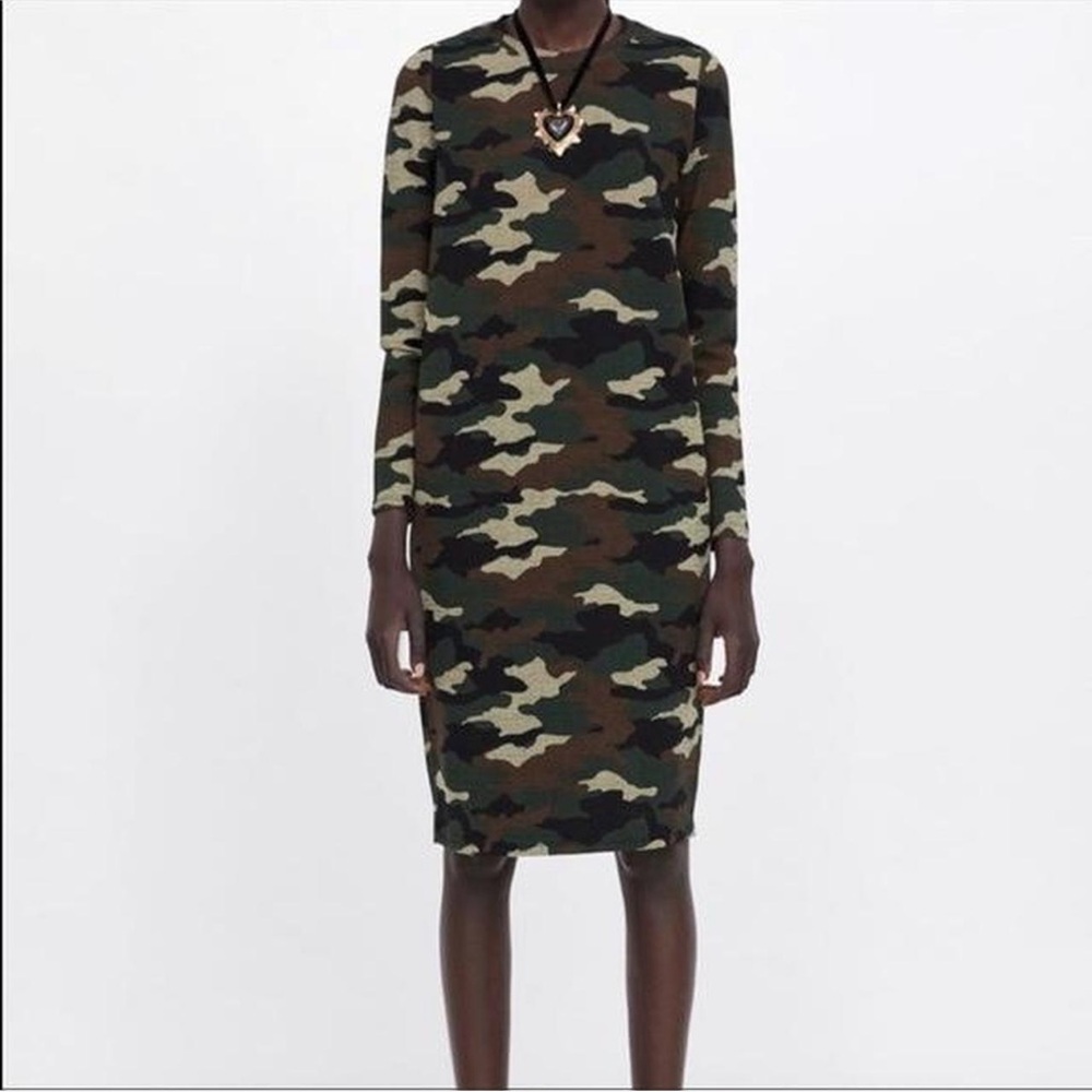 Zara Camouflage Long Sleeve Midi Dress in Green, Brown, Black